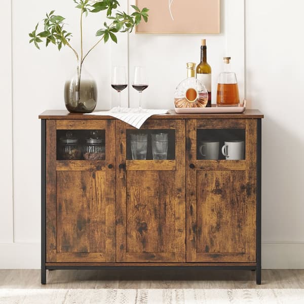 Sideboard, buffébord, förvaringsskåp med glasdörrar, matsal, vardagsrum, hall, kök, stålram, industriell stil, rustikt brunt och svart