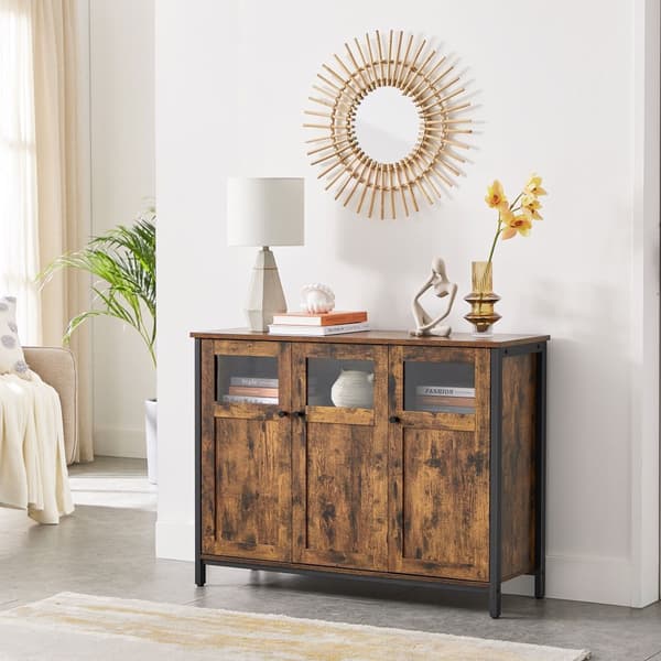 Sideboard, buffébord, förvaringsskåp med glasdörrar, matsal, vardagsrum, hall, kök, stålram, industriell stil, rustikt brunt och svart
