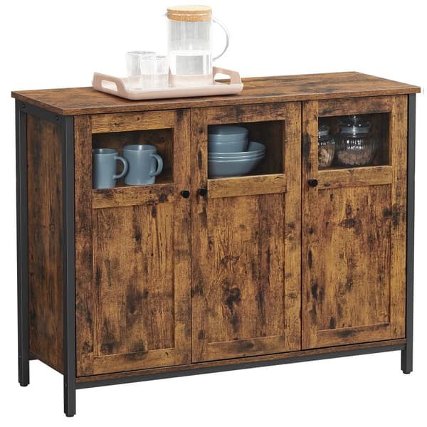 Sideboard, buffébord, förvaringsskåp med glasdörrar, matsal, vardagsrum, hall, kök, stålram, industriell stil, rustikt brunt och svart