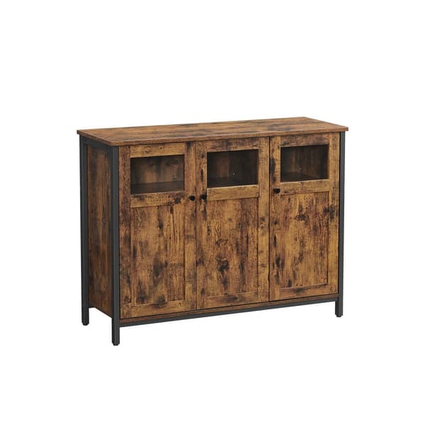 Sideboard, buffébord, förvaringsskåp med glasdörrar, matsal, vardagsrum, hall, kök, stålram, industriell stil, rustikt brunt och svart