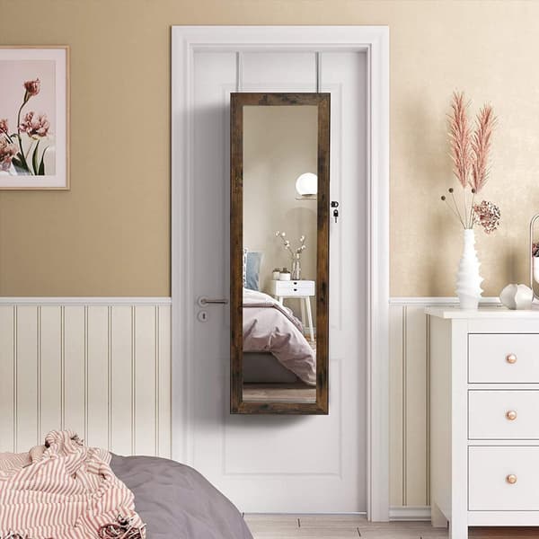 Smyckesskåp Armoire, låsbar väggmonterad förvaringsenhet för halsband örhängen, med spegel och olika fack, rustik brun JJC93CB