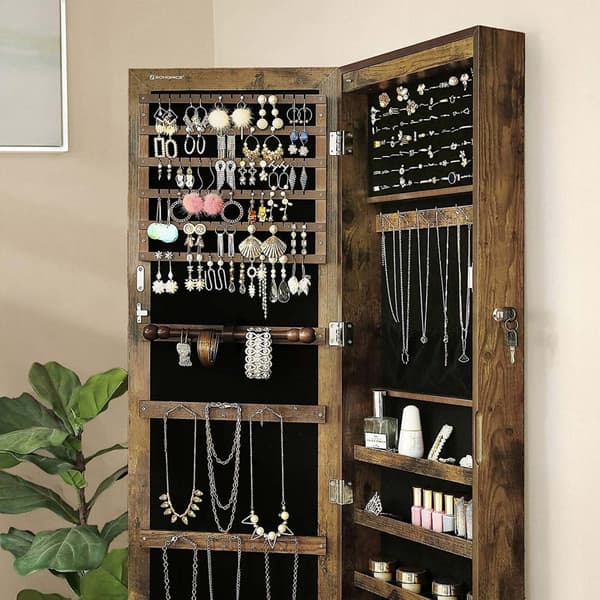 Smyckesskåp Armoire, låsbar väggmonterad förvaringsenhet för halsband örhängen, med spegel och olika fack, rustik brun JJC93CB