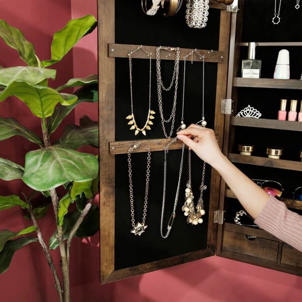 Smyckesskåp Armoire, låsbar väggmonterad förvaringsenhet för halsband örhängen, med spegel och olika fack, rustik brun JJC93CB