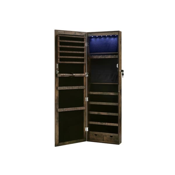 Smyckesskåp Armoire, låsbar väggmonterad förvaringsenhet för halsband örhängen, med spegel och olika fack, rustik brun JJC93CB