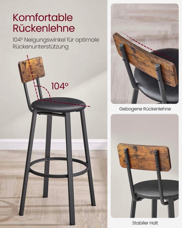 Sæt med 2 barstole 39 x 39 x 100 cm med fodstøtte PU-betræk Nem montering til spisestue, køkken og bar Vintage Brown Black LBC069B81V1