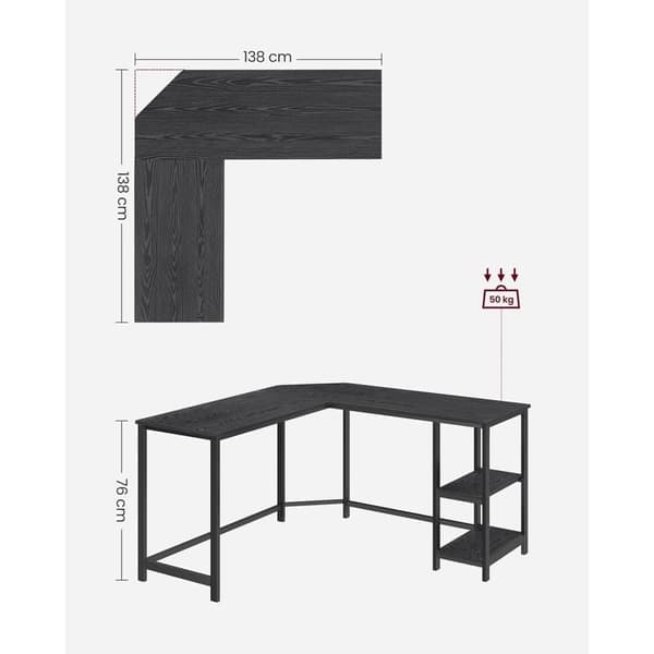 SONGMICS L-muotoinen kulmapöytä 138x138x76 cm – Tietokonepöytä 2 säilytyshyllyllä, pelipöytä ja työasema kotitoimistoon, musta