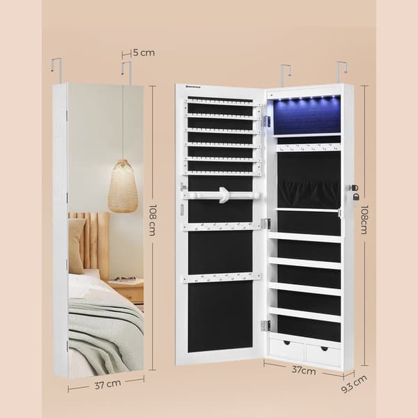 Kehyksetön peilattu korukaappi kaappi Armoire, 6 LED korut järjestäjä seinälle ripustettu tai oveen asennettu, suuri kapasiteetti 2 laatikkoa, valkoi