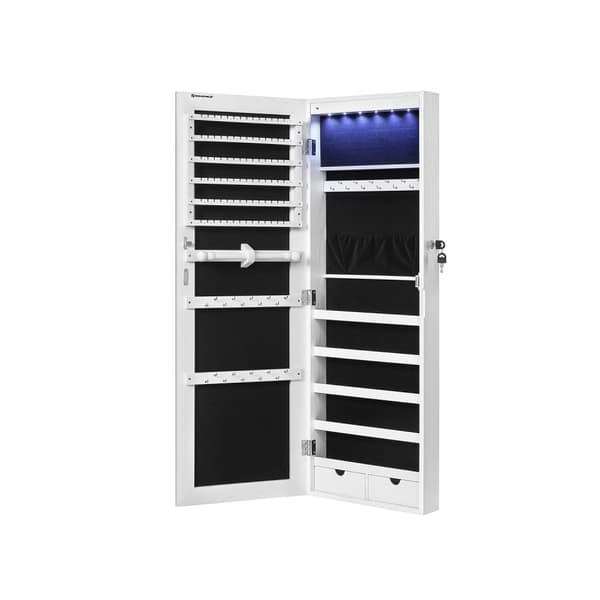 Smyckesskåp med ramlös spegel, 6 LED-lampor, vägghängd eller dörrmonterad smyckesorganisatör, stor kapacitet med 2 lådor, vit JJC99WT