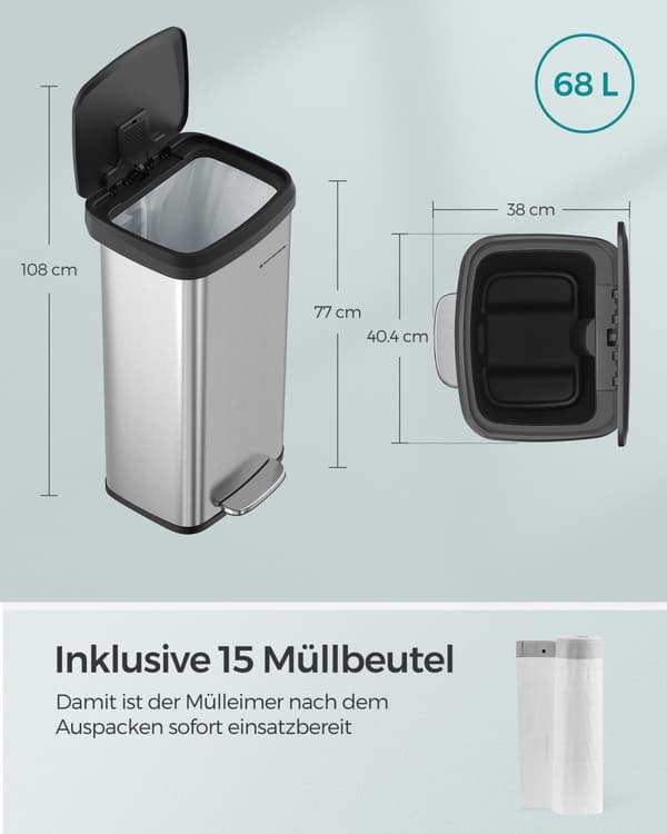 Soptunna för kök, 18-gallons soptunna i rostfritt stål, med lock som håller sig öppet och tramppedal, mjuk stängning, hög, stor och platsbesparande,
