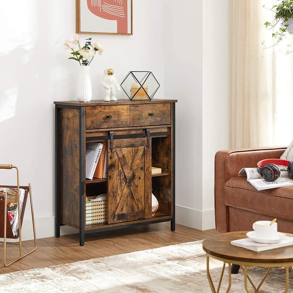 Förvaringsskåp, Sideboard och TV-skåp, fristående golvskåp med 1 låda och skjutdörr, industriellt, rustikt brunt och svart LSC100B01