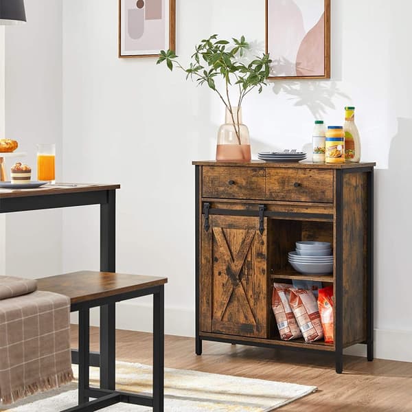 Förvaringsskåp, Sideboard och TV-skåp, fristående golvskåp med 1 låda och skjutdörr, industriellt, rustikt brunt och svart LSC100B01