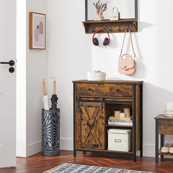 Förvaringsskåp, Sideboard och TV-skåp, fristående golvskåp med 1 låda och skjutdörr, industriellt, rustikt brunt och svart LSC100B01