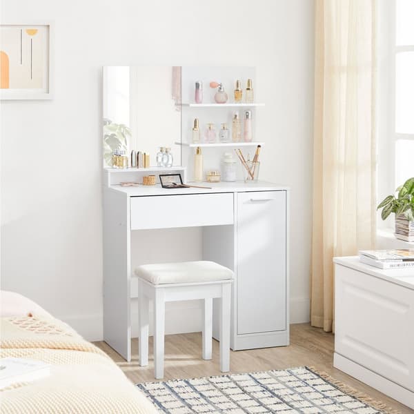 Sminkbord, sminkbord, toalettbord med spegel, 1 låda, 2 hyllor, förvaringsskåp, sminkskåp, vit RDT119W01