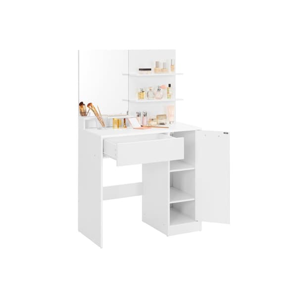 Sminkbord, sminkbord, toalettbord med spegel, 1 låda, 2 hyllor, förvaringsskåp, sminkskåp, vit RDT119W01