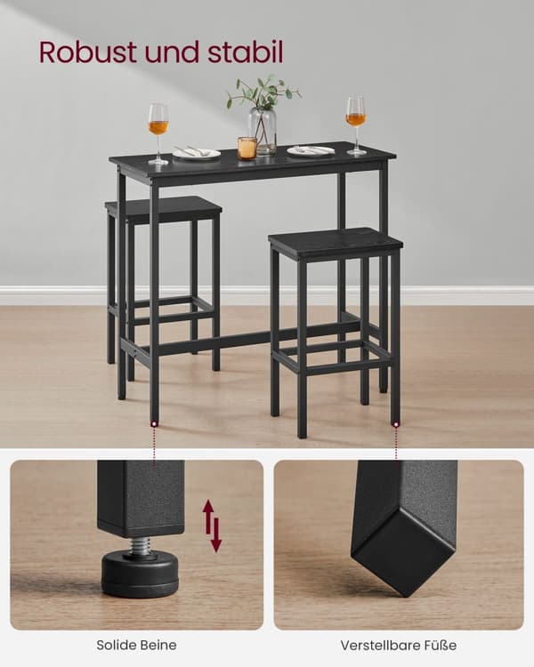 Ruokapöydän setti, baaripöytä ja jakkarat, aamiaisbaaripöytä ja 2 baarijakkaraa, teollinen teräsrunko, Ebony Black ja Ink Black LBT218B56