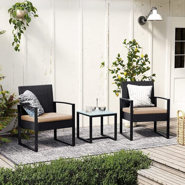 GGF010M05 Balkonhavemøbelsæt, PE polyrattan loungesæt, bord og 2 stole, havemøbler, nem montering, udendørs, til terrasse, altan, have, sort/beige