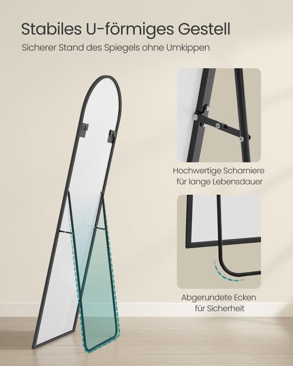 Helkroppsspegel, 160 x 50 cm, välvd helkroppsspegel med stativ, golvspegel med ram i aluminiumlegering, härdat glas, för sovrum, vardagsrum, kapprum,