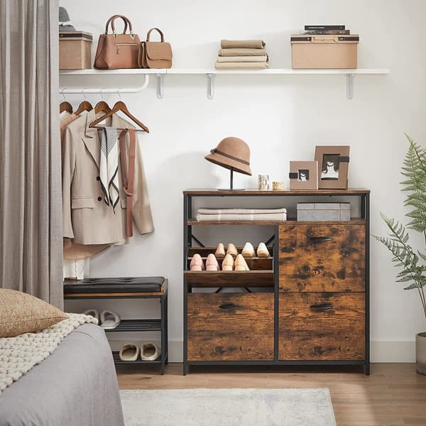 LBS803B01 Skoskab med 4 klapper Skostativ Skohylde Skokasse i entreen til 12-20 par sko, 98,3 x 30 x 95 cm, Vintage Brown/Black
