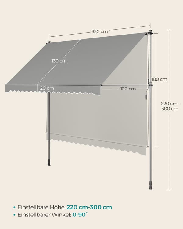 Klämbar markis med handvev 350 x 120 cm grå