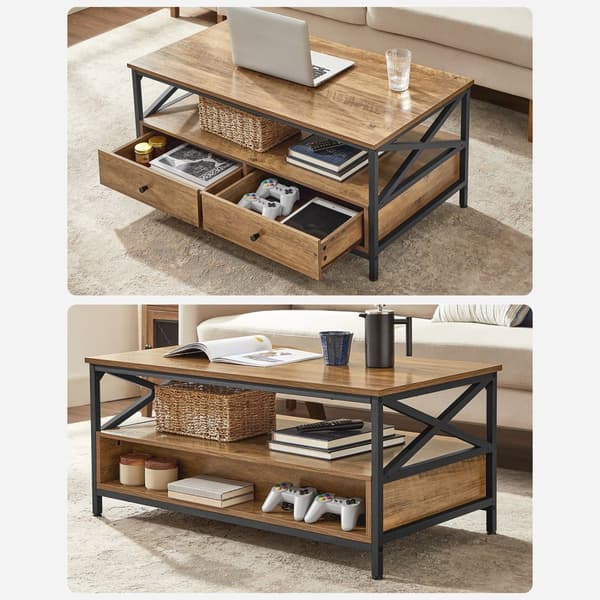 Soffbord, vardagsrumsbord, soffbord, med lådor, X-strutar, öppet fack, industriell design, valnötsbrun/svart