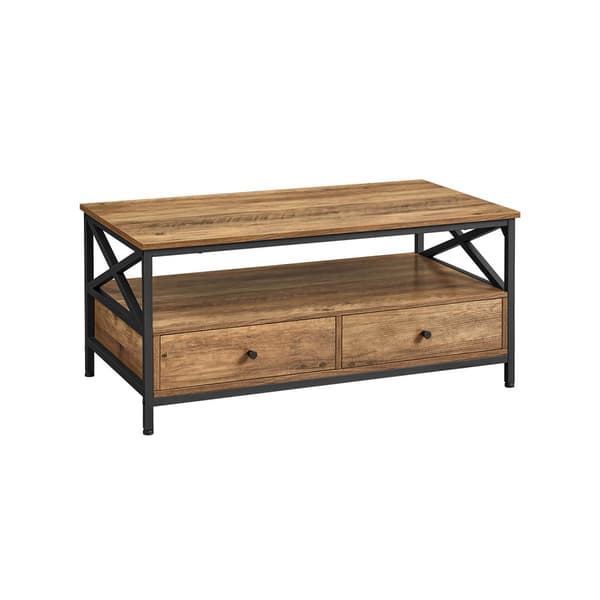 Soffbord, vardagsrumsbord, soffbord, med lådor, X-strutar, öppet fack, industriell design, valnötsbrun/svart