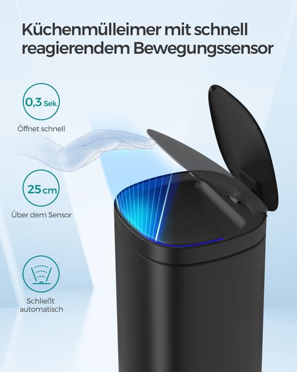 Köksbehållare med rörelsesensor 50L, automatisk soptunna, papperskorg, flerfärgade indikatorlampor, ozonluktkontroll, lock som håller sig öppet, hög,