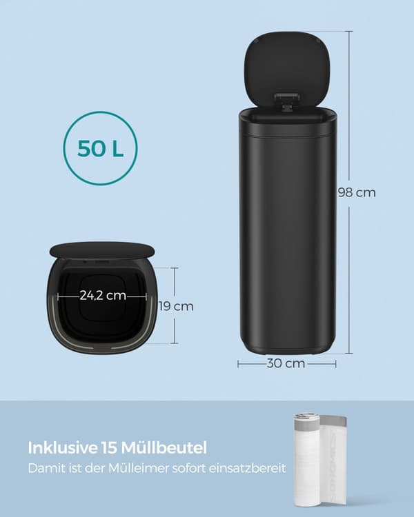 Köksbehållare med rörelsesensor 50L, automatisk soptunna, papperskorg, flerfärgade indikatorlampor, ozonluktkontroll, lock som håller sig öppet, hög,