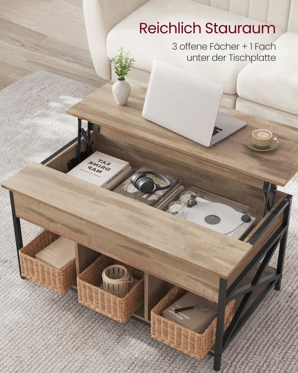 Soffbord, höjdjusterbart vardagsrumsbord, soffbord, öppna och dolda förvaringsutrymmen, X-Struts, 60 x 100 x (48-62) cm, Camel Brown/Black LCT205K50