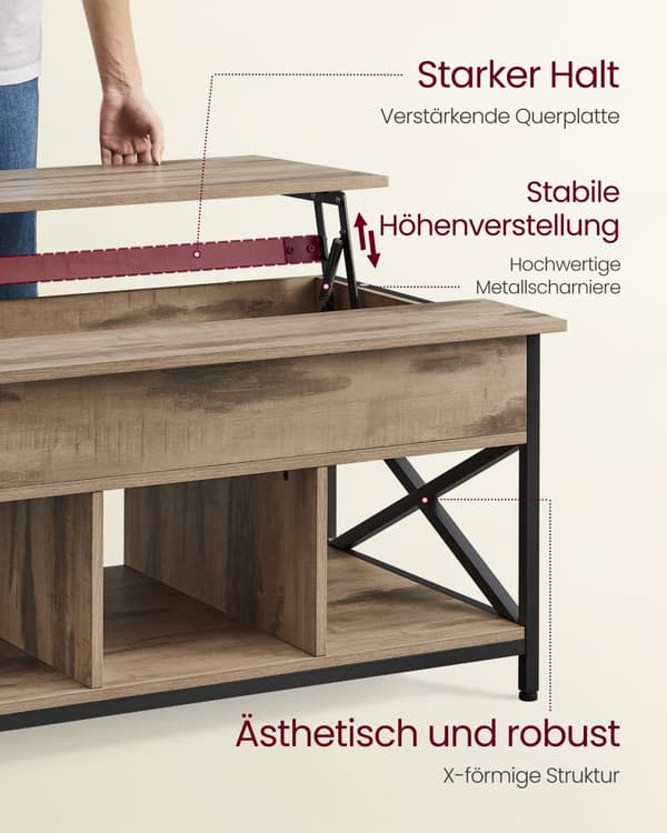 Soffbord, höjdjusterbart vardagsrumsbord, soffbord, öppna och dolda förvaringsutrymmen, X-Struts, 60 x 100 x (48-62) cm, Camel Brown/Black LCT205K50