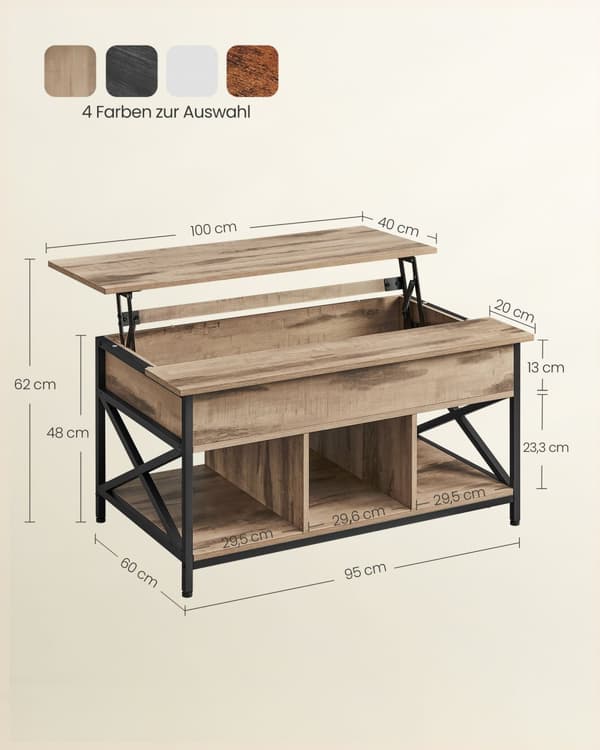 Soffbord, höjdjusterbart vardagsrumsbord, soffbord, öppna och dolda förvaringsutrymmen, X-Struts, 60 x 100 x (48-62) cm, Camel Brown/Black LCT205K50