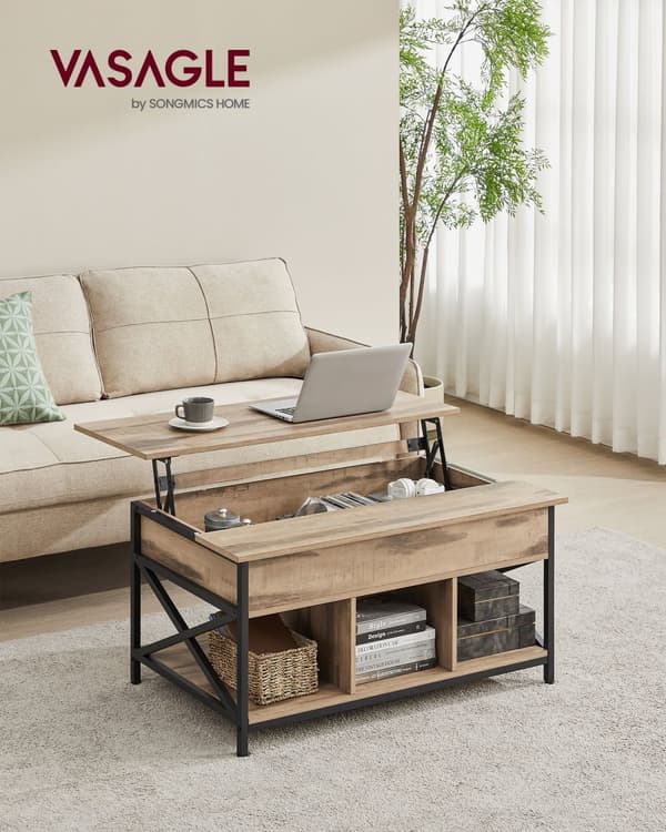 Soffbord, höjdjusterbart vardagsrumsbord, soffbord, öppna och dolda förvaringsutrymmen, X-Struts, 60 x 100 x (48-62) cm, Camel Brown/Black LCT205K50