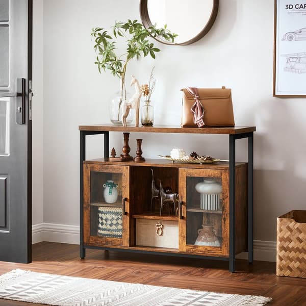 Skænk, buffetbord med 2 gennemsigtige glasdøre, tv-skab, med justerbare hylder, til spisestuen, 100 x 35 x 80 cm, industriel stil, rustik brun og sor