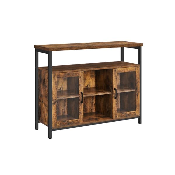Sideboard, buffébord med 2 transparenta glasdörrar, TV-skåp, med justerbara hyllor, för matsal, 100 x 35 x 80 cm, industriell stil, rustikt brun och