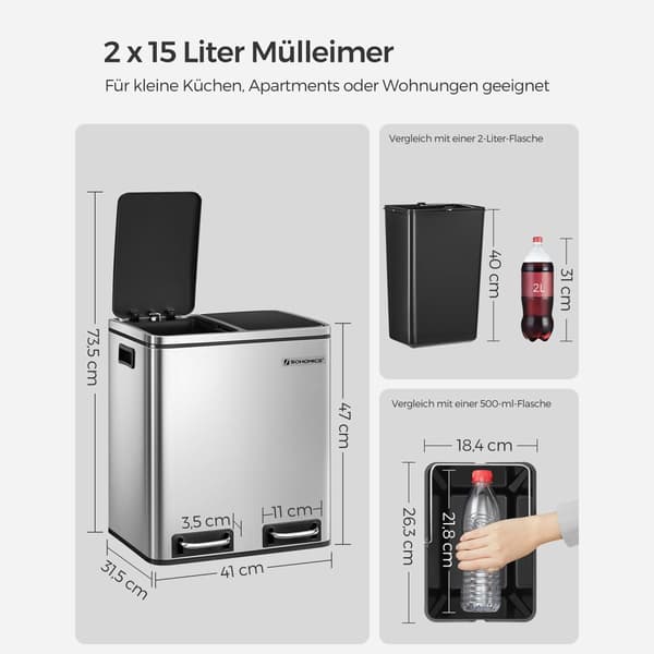 Kierrätysastia, 2 x 15L teräksinen roskakori, astinlaatikko sisäkauhalla ja kahvoilla, keittiöön, pehmeä sulkeminen, ilmatiivis, hopea ja musta LTB30