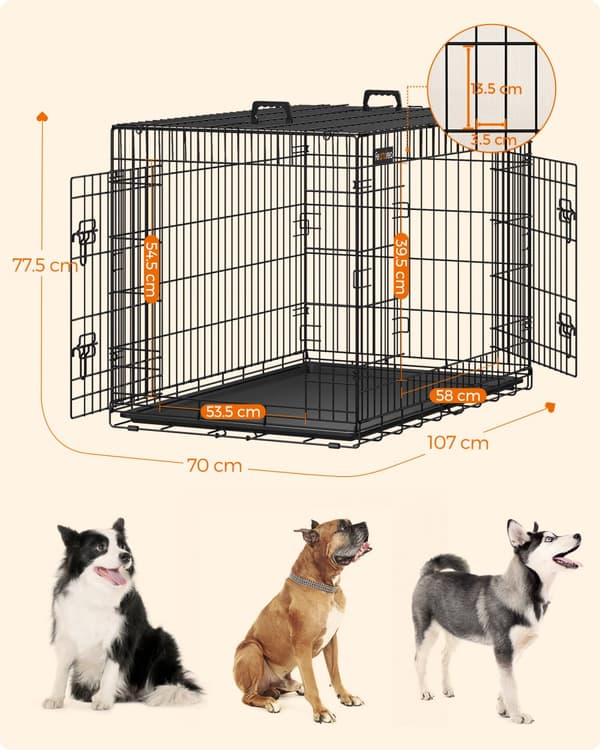 Hundekasse, sammenklappelig, 107 cm, 2 døre, XL, sort PPD42H