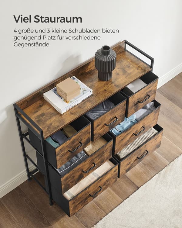 Kangas lipasto, makuuhuoneen säilytysyksikkö, kaappi lipasto 7 laatikkoa, metallirunko ja kahvat, teollinen, maalaismainen ruskea ja musta LTS137B01
