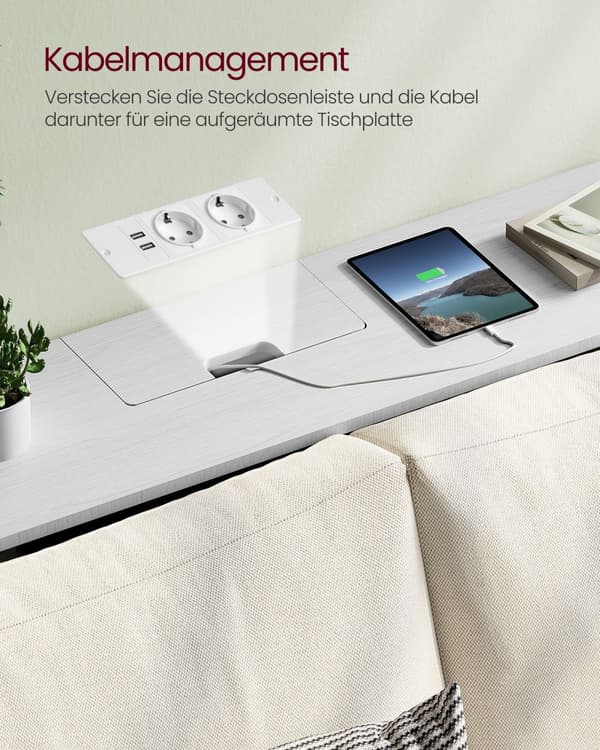 Konsolbord med stikkontakter, sidebord med 2 rum, 25 x 120 x 81 cm, pladsbesparende til entré, stue, snehvid, LNT111W01