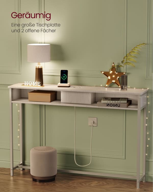 Konsolbord med stikkontakter, sidebord med 2 rum, 25 x 120 x 81 cm, pladsbesparende til entré, stue, snehvid, LNT111W01