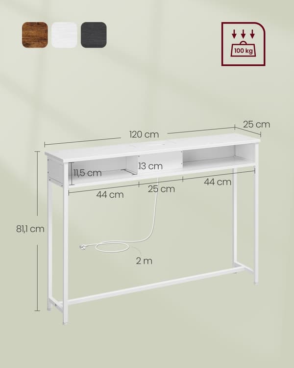 Konsolbord med stikkontakter, sidebord med 2 rum, 25 x 120 x 81 cm, pladsbesparende til entré, stue, snehvid, LNT111W01