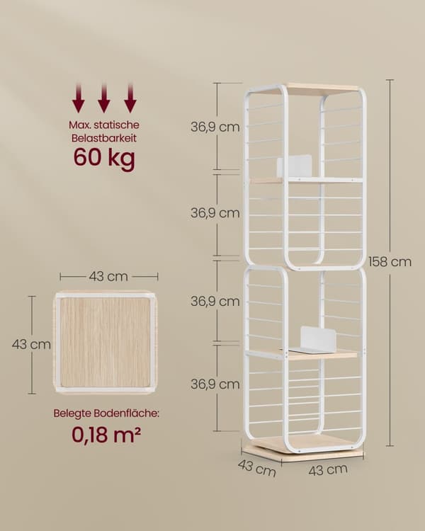 4-tasoinen kirjahylly, pyörivä kirjahylly pieniin tiloihin, kulmahylly, teräsrunko, luonnonbeige ja pilvenvalkoinen LLS127W67