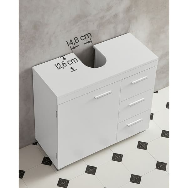BBK503W10 Badrumsskåp med 3 stora lådor, Badrumsskåp, 2 fack bakom dörren, Badrumsskåp med ben, 30 x 70 x 64 cm, Vit