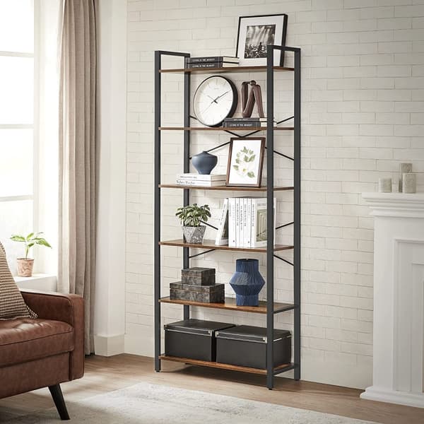 Bokhylla, 6-fackshyllor med stålram, höga rustika hyllor för vardagsrum, kontor, arbetsrum, hall, industriell stil, 80 x 30 x 186 cm, rustik brun och