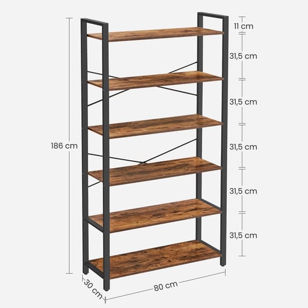 Bokhylla, 6-fackshyllor med stålram, höga rustika hyllor för vardagsrum, kontor, arbetsrum, hall, industriell stil, 80 x 30 x 186 cm, rustik brun och