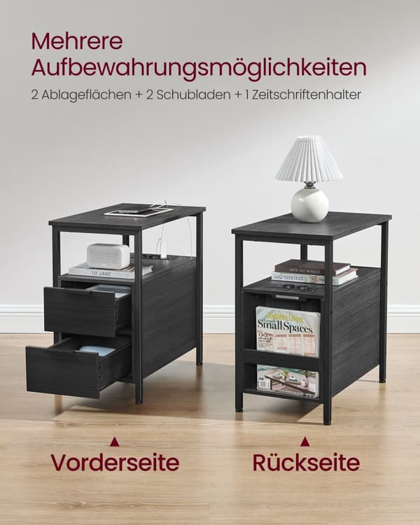 Sidebord, sengebord med strømskinne, 2 skuffer, sofabord, sengeskab til stue, soveværelse, antracitgrå klassisk sort LET325B22