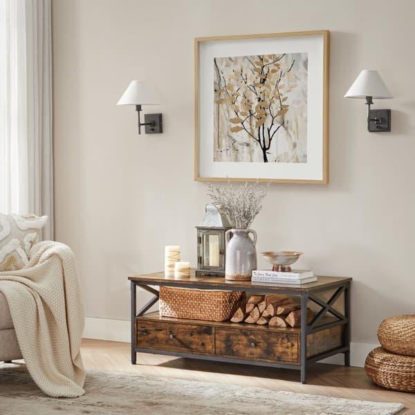 Soffbord, vardagsrumsbord, med 2 lådor och öppen förvaringshylla, X-formad stålram, 100 x 55 x 45 cm, industriell stil, rustikt brunt och svart LCT20