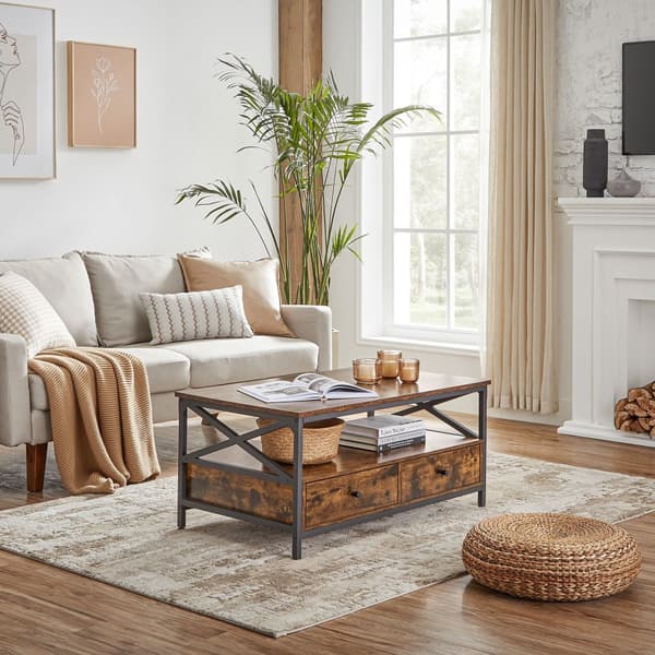 Soffbord, vardagsrumsbord, med 2 lådor och öppen förvaringshylla, X-formad stålram, 100 x 55 x 45 cm, industriell stil, rustikt brunt och svart LCT20