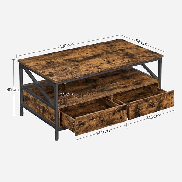 Soffbord, vardagsrumsbord, med 2 lådor och öppen förvaringshylla, X-formad stålram, 100 x 55 x 45 cm, industriell stil, rustikt brunt och svart LCT20
