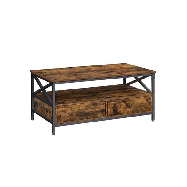 Soffbord, vardagsrumsbord, med 2 lådor och öppen förvaringshylla, X-formad stålram, 100 x 55 x 45 cm, industriell stil, rustikt brunt och svart LCT20