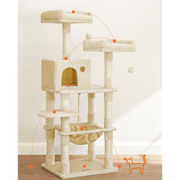 Kissapuu, Stable Cat Tower, 2 pehmoista istuinta, 143cm, Beige PCT15BE