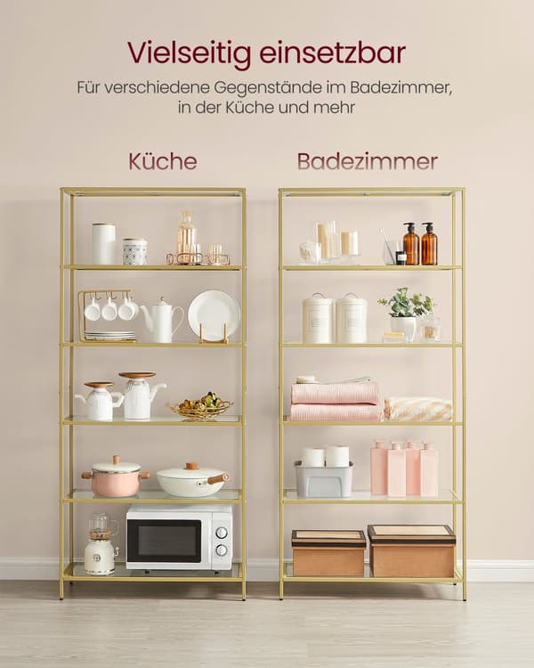 Bokhylla, 6-facks bokhylla, smal hylla för sovrum, badrum, hemmakontor, härdat glas, stålram